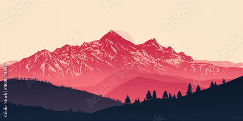 A misty sunrise glows over the snow-covered mountain peaks as the morning sun illuminates a scenic alpine landscape of clouds and forest valleys