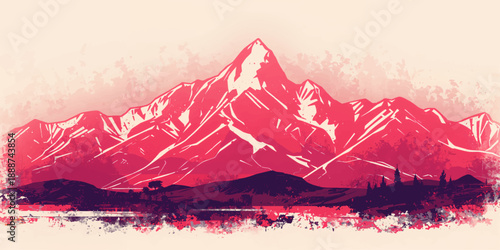 A vector illustration of a majestic winter landscape featuring snow-capped mountain peaks and high glaciers under a cloudy sky, capturing a cold adventure in the Alps or Himalayas