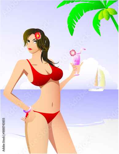 ビーチでカクテルをもつ女性