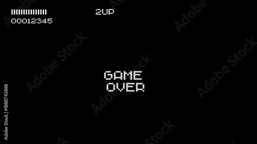 Game Over text animation with a glitch effect. Cyberpunk text with an old TV distortion effect. Retro, vintage 8-bit game style.