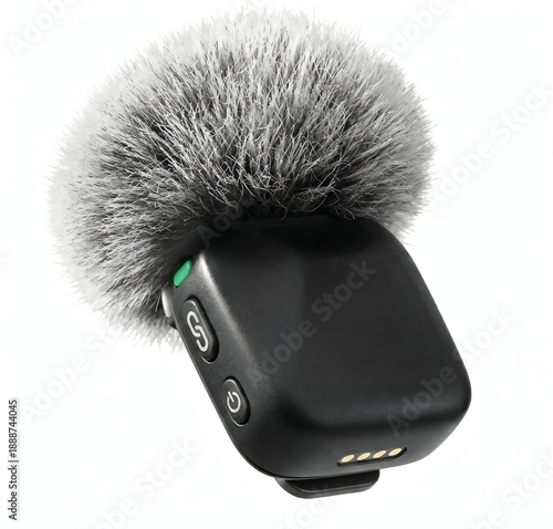 wireless lavalier microphone transmitter with furry windscreen isolated on white background