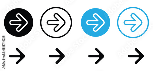 Right Arrow Icon Set, Next and Forward Direction Symbol Vector Collection,Arrow Circle curve collection design, Curved arrow flat icon sign and symbol, isolated on white background,