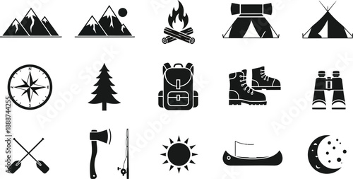 Camping Icons Set with Mountains, Tent, Fire and Tree, Compass, Backpack, Ice Skates, Axe, Sun, Moon