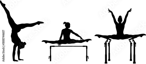Black silhouette of professional female gymnast performing handstands and splits on parallel bars isolated on white background for sports fitness