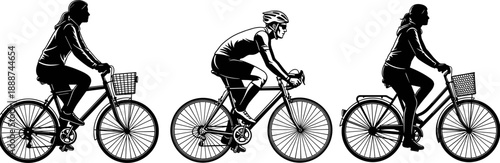 Set of three black and white silhouettes showing people riding city bikes with baskets and a road cyclist in gear