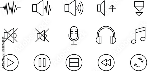 Audio icons set, sound symbols, media controls