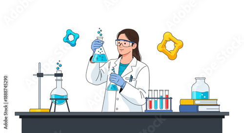 Scientist conducting experiment with various equipment on laboratory countertop