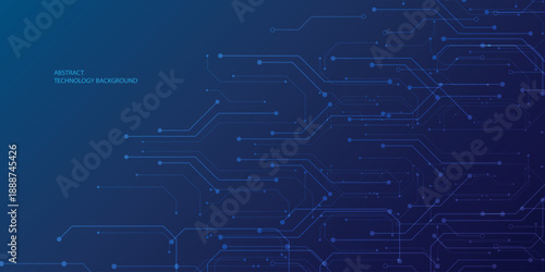 Blue circuit board design with electronic chip components and data lines creating futuristic tech pattern on dark digital background. Digital technology