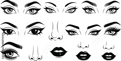 Black and White Illustration of Various Female Eyes and Lips