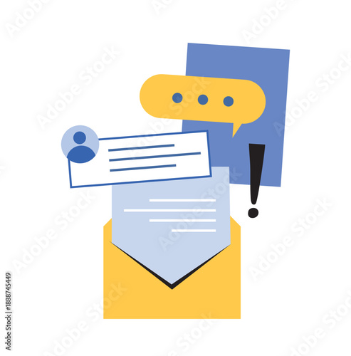 Multitasking, business processes, online communication concept, email notifications, and message alerts for business. Envelope with a document, user message notifications, chat bubble, and icon