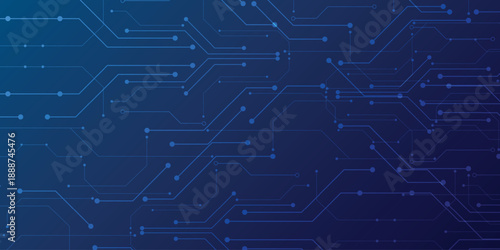 Blue circuit board design with electronic chip components and data lines creating futuristic tech pattern on dark digital background. Digital technology