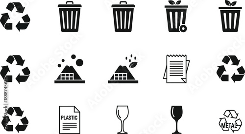 Recycling Trash Can Icons with Plastic and Wine Glasses