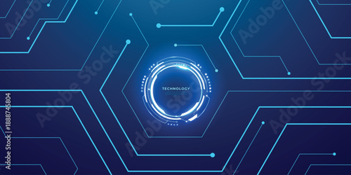 Futuristic circular portal with luminous circuit patterns radiating on digital tech backdrop. Blue neon frame featuring HUD interface, cyber elements, and electronic board aesthetics.