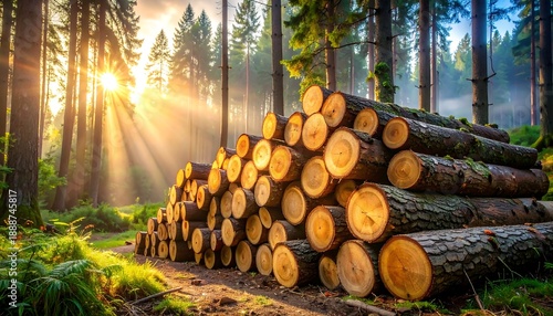 Sunlit forest path with stacked logs. Lush green undergrowth and tall trees frame the golden light