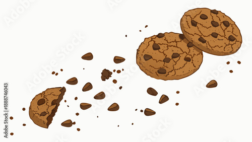 Delicious Chocolate Chip Cookies Illustration with Crumbs.