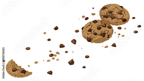 Delicious Chocolate Chip Cookies Scattered on White Background.