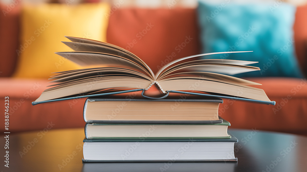 Fototapeta premium Open book on top of book stack