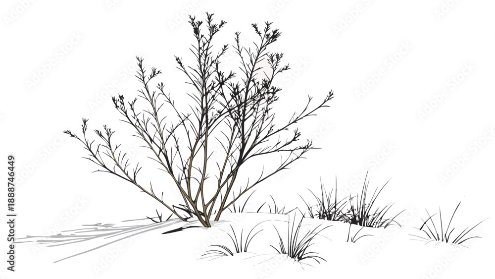 Obraz premium Detailed Sketch of a Desert Bush with Grass.