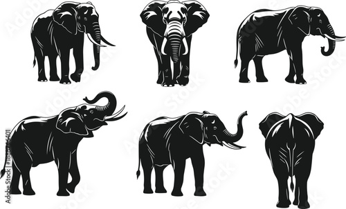 Set of 6 stylized black-and-white elephant illustrations in varied poses and orientations for wildlife design, educational use, and vector themes.