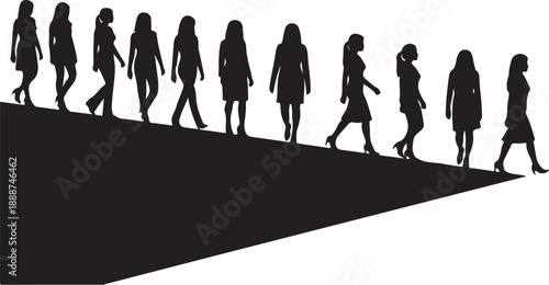 Silhouettes of women walking together in a line formation