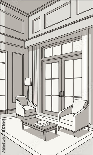 Elegant Living Room Interior Design Sketch with Natural Light.