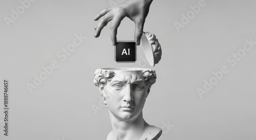Hand placing AI label inside classical statue bust on grey backdrop  