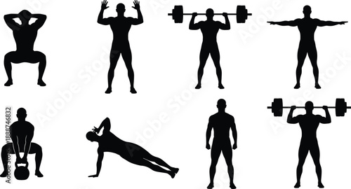 Set of 8 black fitness exercise silhouettes showing bodyweight and strength training poses with kettlebells, barbells, and stretching for workout illustration themes.