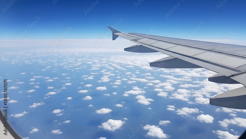 Obraz premium Airplane wing in flight above a sea of clouds against a blue sky