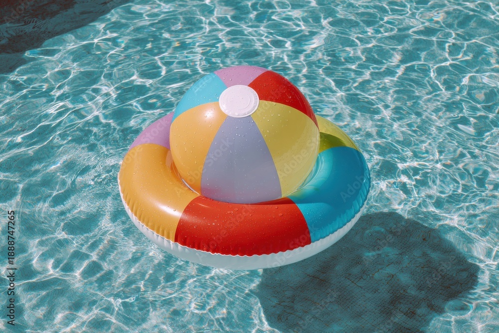 Obraz premium Colorful inflatable ball on a vibrant float in sparkling pool water, showcasing a playful mix of purple, yellow, red, and blue hues under bright sunlight with beautiful light reflections
