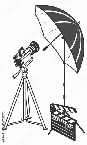 Film Set Equipment Camera Umbrella and Clapboard Illustration.