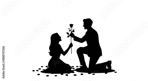 Romantic gesture: man kneels to offer a rose to a kneeling woman, a symbol of love