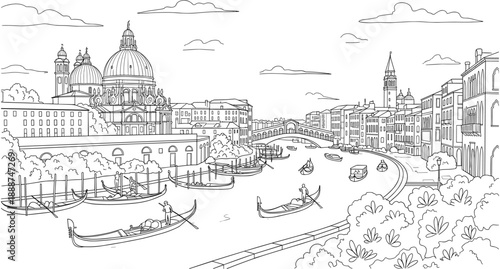 Venice Grand Canal coloring page illustration, historic Italian city landscape sketch with gondolas, Saint Maria della Salute church, Venice skyline drawing