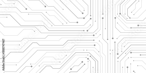 Thin circuit trace lines in white on a dark technology background. Abstract digital tech bg. Electronics and computer technology concept. Chip and circuit board.