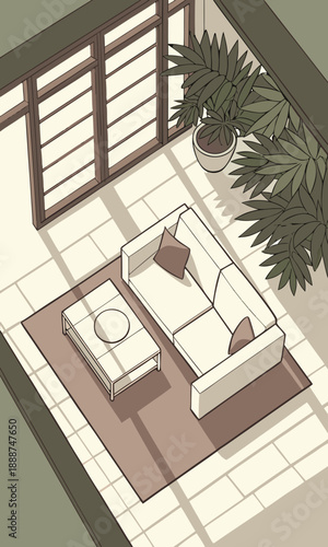 Minimalist Living Room Illustration with Natural Light and Plants.