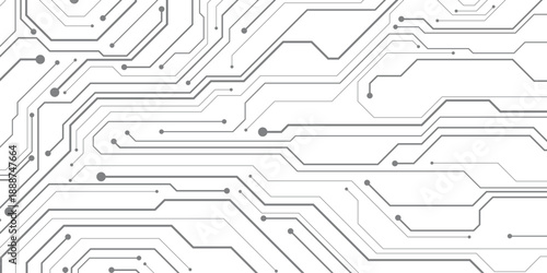 Thin circuit trace lines in white on a dark technology background. Abstract digital tech bg. Electronics and computer technology concept. Chip and circuit board.
