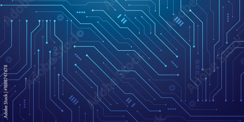 Abstract tech background featuring circuit patterns and blue chip design. Digital board texture with electronic lines for futuristic data concepts. Digital technology vector background.