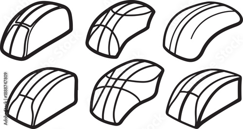 Six different sushi rolls in a simple line drawing style