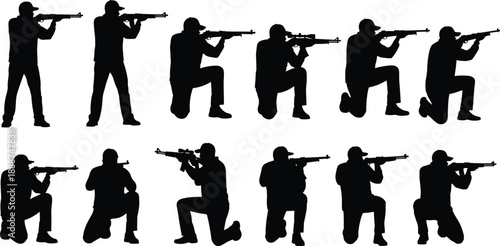 Tactical rifle silhouette vector of armed men in shooting stances for military, training, combat, sport, and defense design use