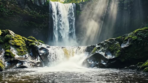 Serene Waterfall Landscape with Sunlight Filtering.