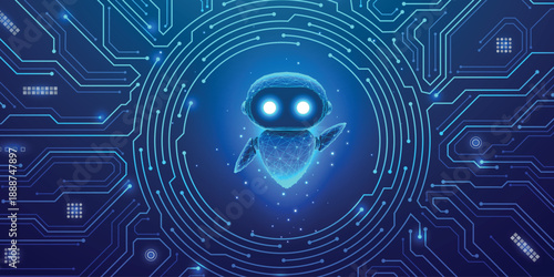 Hologram of AI Robot or Chatbot circular portal with luminous circuit patterns radiating on chip. Blue neon frame featuring HUD interface, cyber elements, and electronic board aesthetics.
