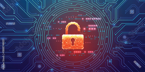 Cyber security threat concept with hacker silhouette in low poly style with luminous circuit patterns radiating on chip. Blue neon frame featuring HUD interface