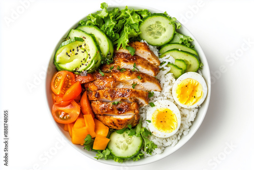 Top view of a bowl with rice, chicken fillet, and vegetables on a white background.