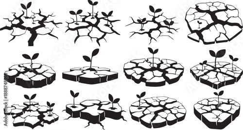 Small plants growing out of cracked earth and concrete