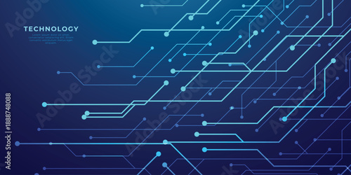 Abstract tech background featuring circuit patterns and blue chip design. Digital board texture with electronic lines for futuristic data concepts. Digital technology