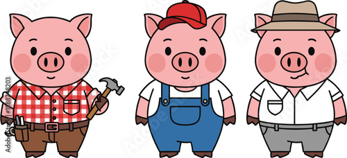 Three cartoon pigs dressed in different outfits representing professions like builder, farmer, and explorer for children’s character design and education.