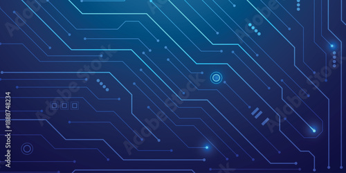 Abstract tech background featuring circuit patterns and blue chip design. Digital board texture with electronic lines for futuristic data concepts. Digital technology
