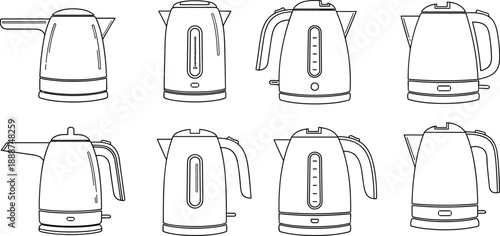 Set of 8 black-and-white electric kettle line drawings with varied spout, handle, and lid designs for product comparison and vector illustration themes.