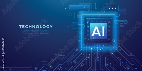 AI Chip with Light Glowing Neon Frame on Circuit Board. Technology AI Blue Background. data lines creating futuristic tech pattern on dark digital background.