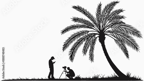 Silhouette of photographers under a palm tree on a white background.