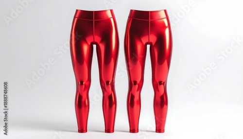 Two pairs of vibrant, shiny red leggings stand side-by-side against a stark white background
